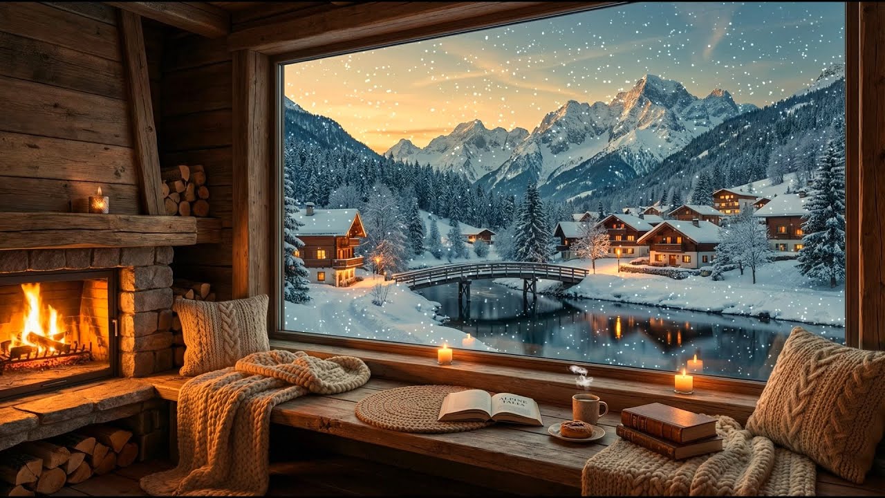 Cozy Alpine Winter Lounge ❄️ Jazz & Fireplace Ambience for Study & Focus