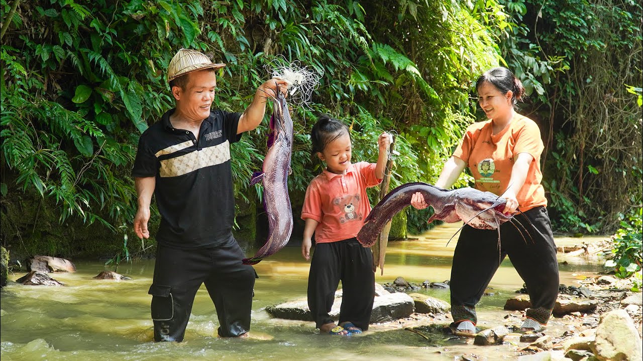 Dwarf family make catfish fishing rods to goes to market sell - garden renovation - harvesting joy