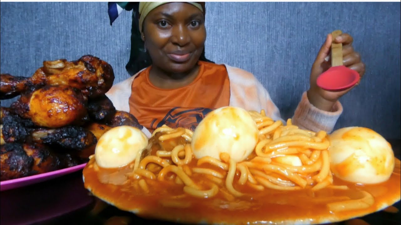 Asmr Mukbang spaghetti with boiled eggs and bbq chicken