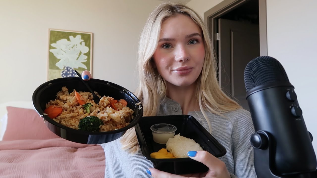 ASMR | eating thai fried rice and mango sticky rice *chewy sounds*