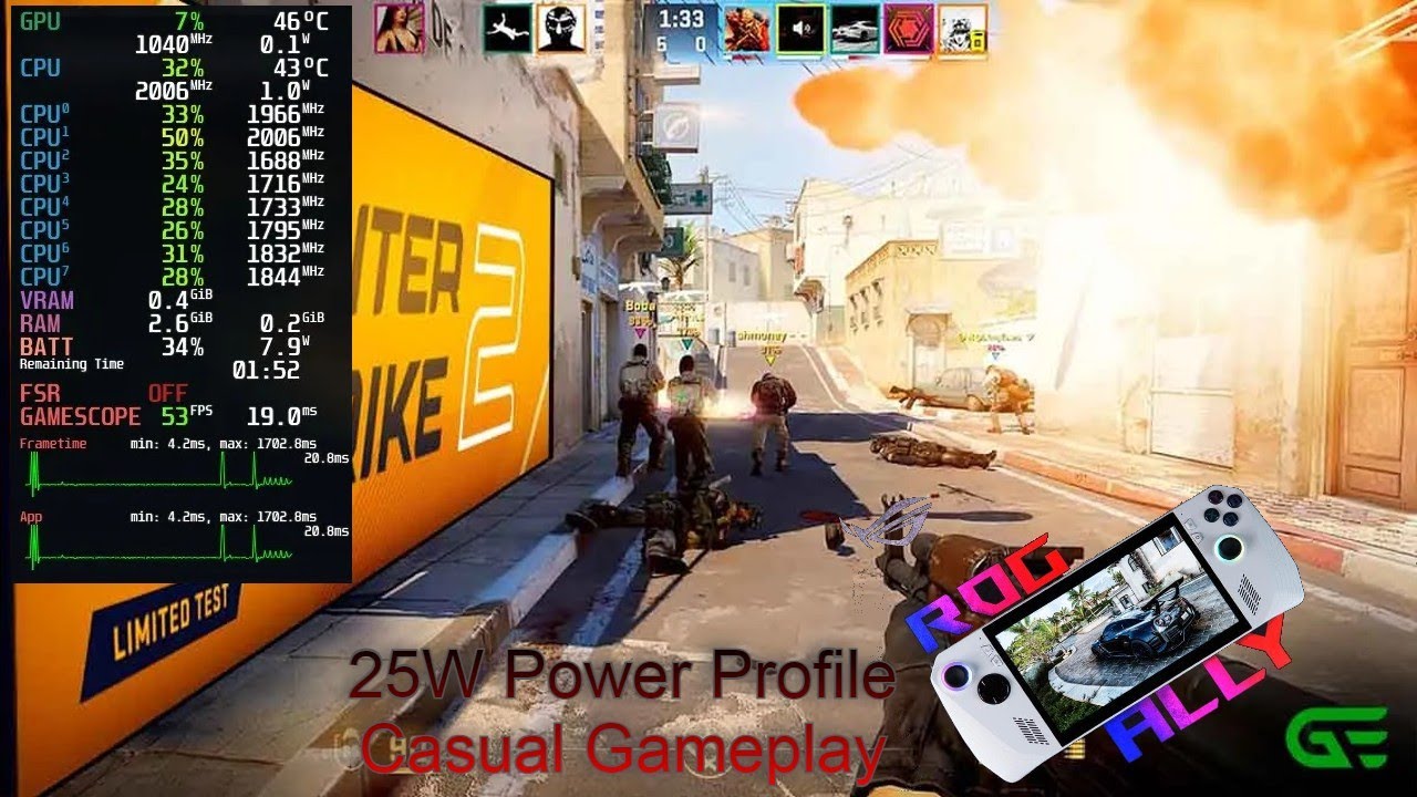 Counter Strike 2 | ROG Ally | High Settings | 720p | FSR | 25W | 120hz | 90-120 fps Gameplay