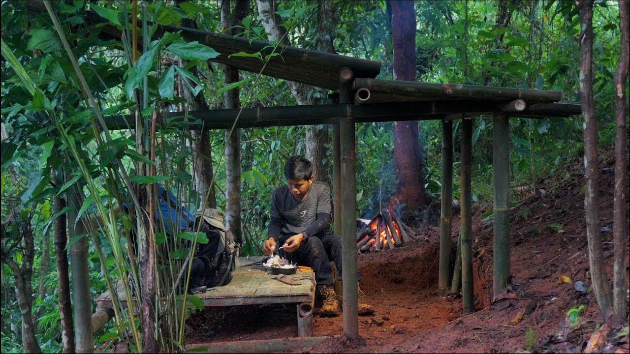 Camping Saat Hujan Deras  Membangun 4 Shelter Nyaman di Hutan dan Mencari Rebung