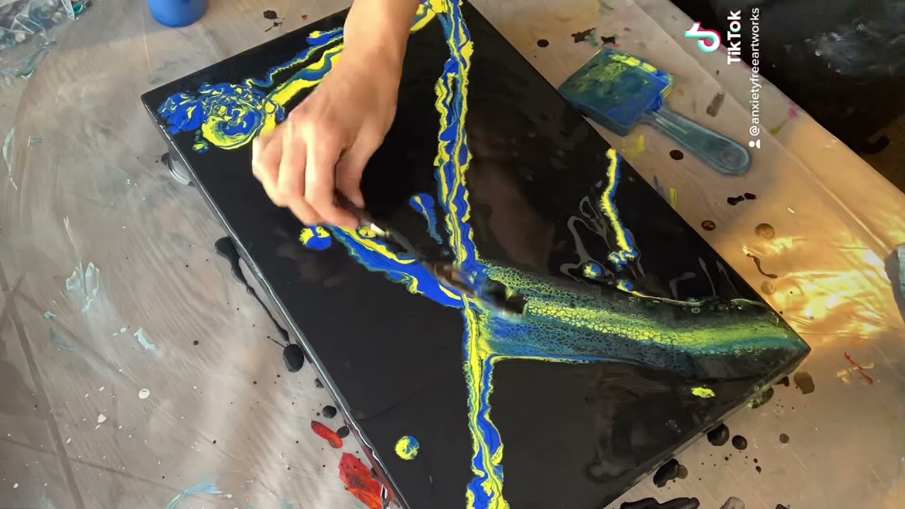 Up cycling ugly art acrylic pour recycling swipe & tilt blues & yellows