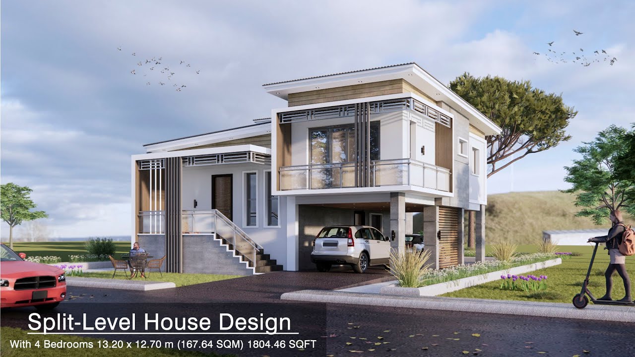 Split-Level House Design with 4 Bedrooms (13.2x12.7 Meters)