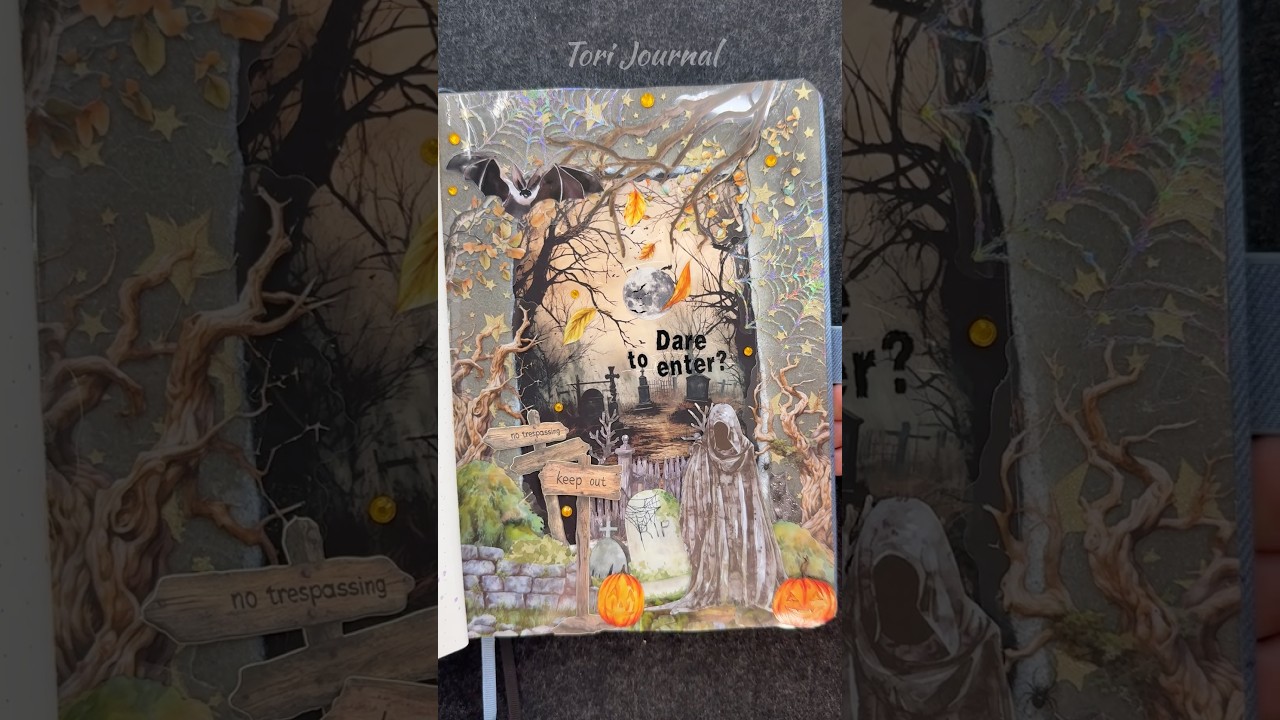 ASMR journal Moonlit Graveyard🪦🎃🕸️🍂🦇🌑🐈&zwj;⬛|#asmr #journal #scrapbooking #halloween #diy #art