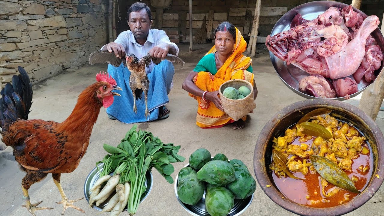 country CHICKEN PAPAYA curry cooking and VEGETABLE recipe|parents traditional cooking|village life