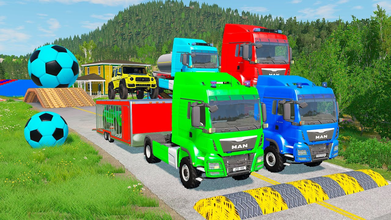Double Flatbed Trailer Truck vs Speedbumps Train vs Cars | Tractor vs Train Beamng.Drive 0127