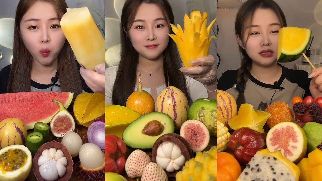 ASMR Mukbang Buah Buahan Segar Beku Kering Korea Yummy Peach Semangka Anggur Makecoh