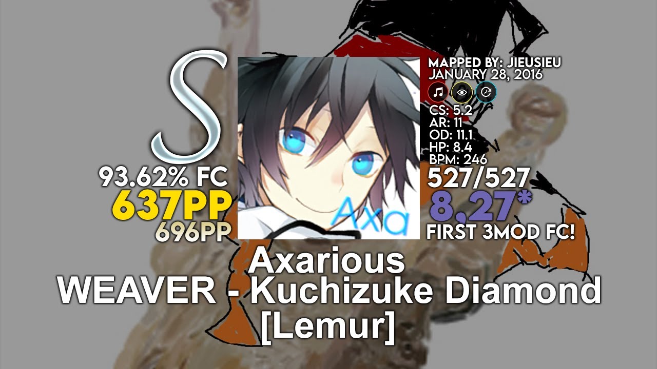 [8.14⭐] Axarious | WEAVER - Kuchizuke Diamond [Lemur] +HRHDDT 93.62% FC 637pp (696pp) - osu!