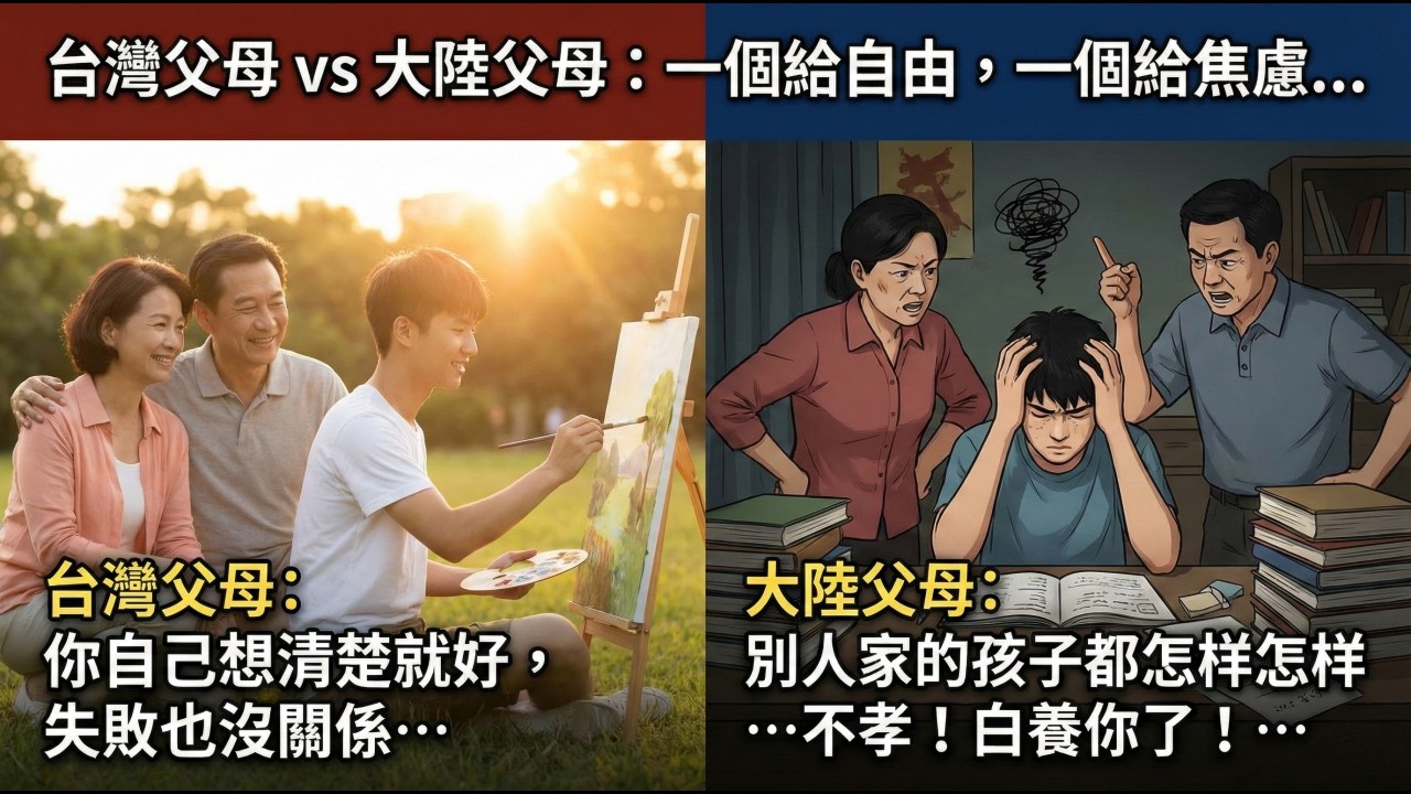 台灣父母 vs 大陸父母：一個給自由，一個給焦慮… 台灣父母常會說：你自己想清楚就好，失敗也沒關係… 大陸父母常會說：別人家的孩子都怎樣怎樣…不孝！白養你了！…
