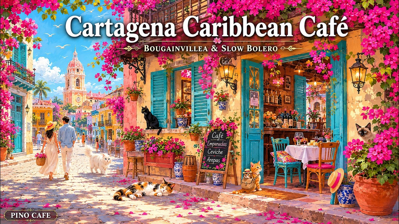 Kawiarnia Cartagena Karaiby 🌺 | Alejka bugenwilli i powolne bolero w świetle latarni | Bolero &middot; Lati