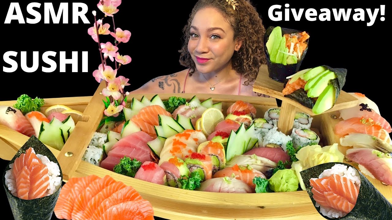 ASMR SUSHI BOAT, SALMON MUKBANG| SALMON BELLY, SUSHI CONE, RAW TUNA| Sushi Roll Eating Show|