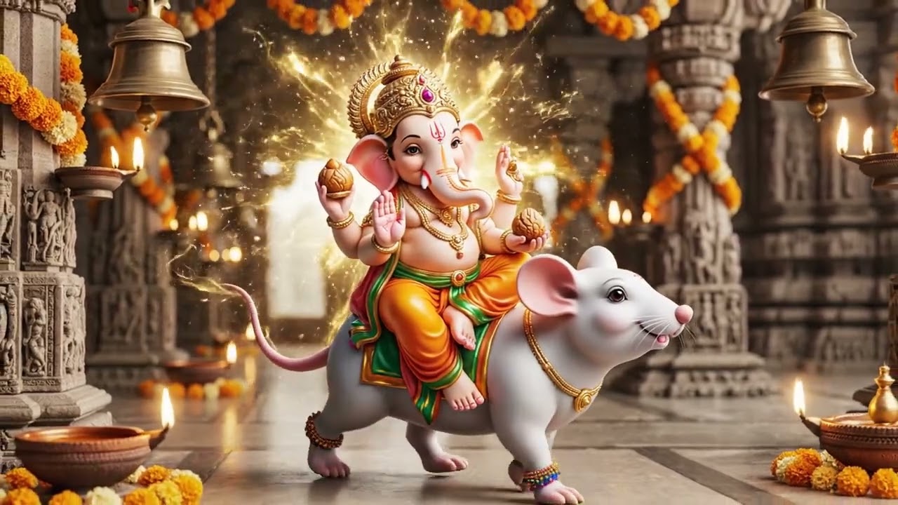 Lord Ganesha, golden crown, dhoti, glowing