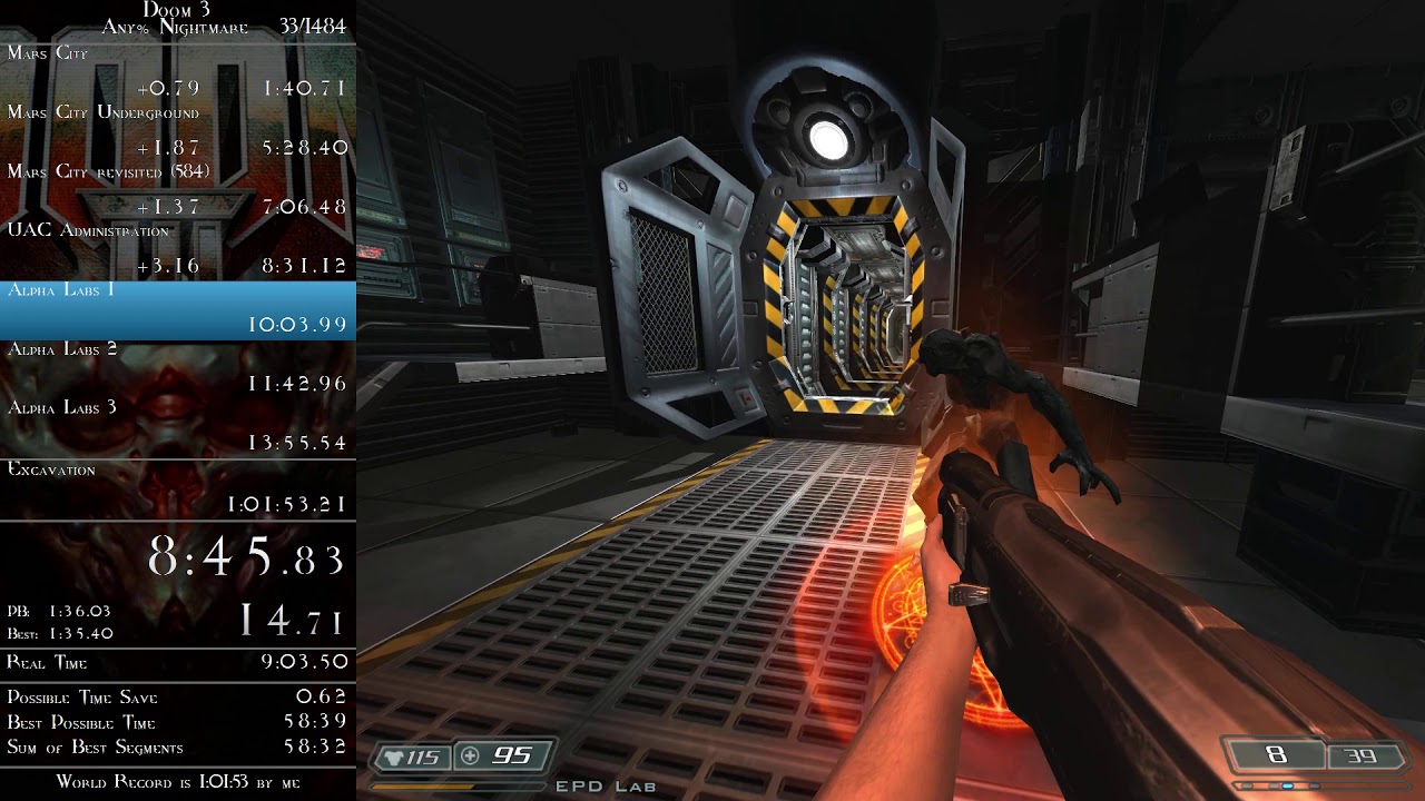 Doom 3 - Any% Nightmare Speedrun in 1:00:40 (time without loads)