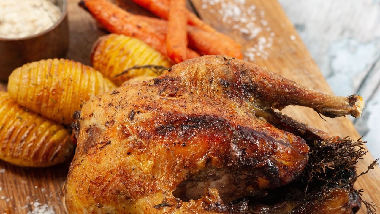 Air fryer roast pheasant with hasselback potatoes and roasted vegetables
