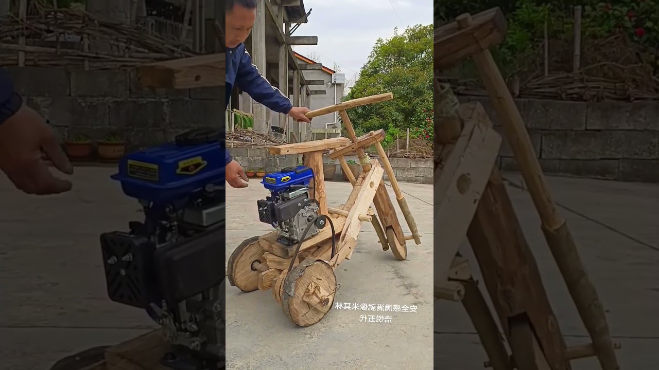 The process of turning on a homemade wooden electric motorcycle