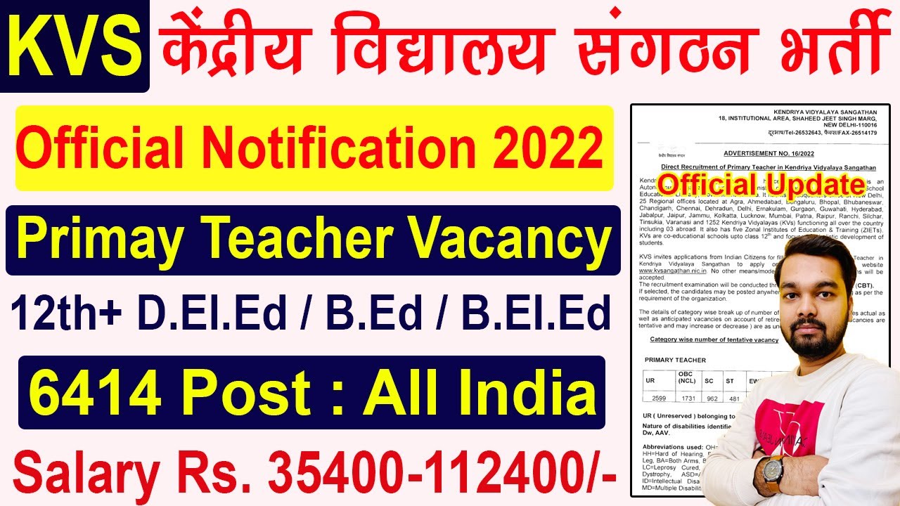 KVS Primary Teacher Recruitment 2022 for 6414 Post | KVS PRT Recruitment 2022 Notification