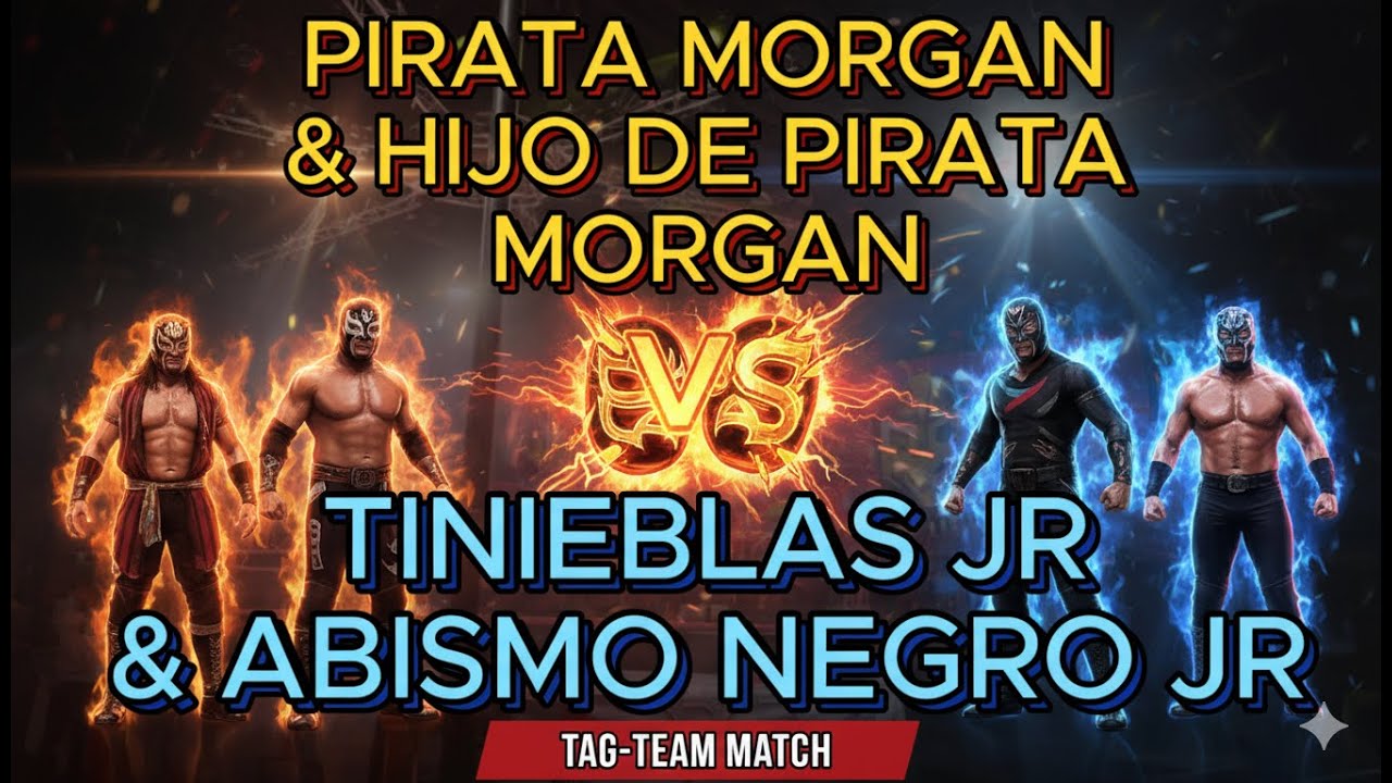Pirata Morgan & Hijo de Pirata Morgan vs Abismo Negro Jr & Tinieblas Jr accompanied by Alushe