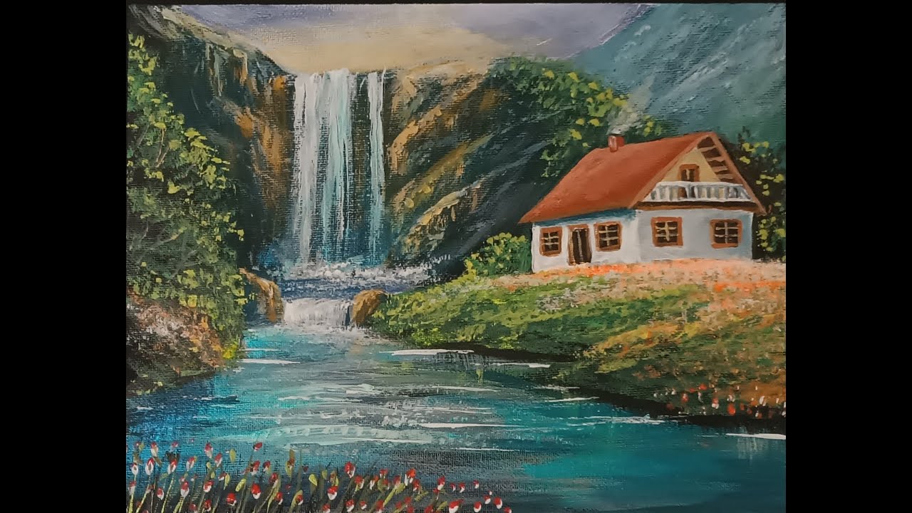 Relaxing Waterfall Landscape Painting 🎨 | Satisfying Acrylic Art Process