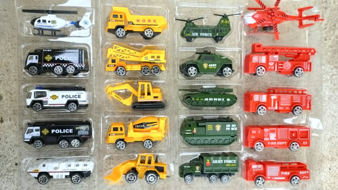 Mobil Mainan, Mobil Polisi, Mobil Pemadam Kebakaran, Mobil Tentara, Truk Konstruksi, Excavator