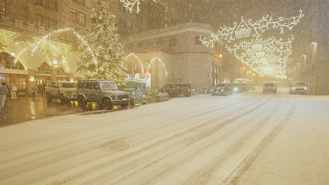 Snowfall Christmas Walk in St. Moritz, Switzerland 4K ❄️ Winter Wonderland Night View