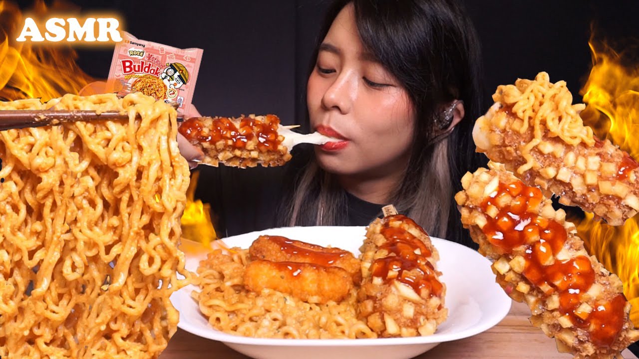 ASMR Creamy Samyang Rosé FIRE NOODLES, CORN DOG, Chicken Nuggets | Eating Sounds