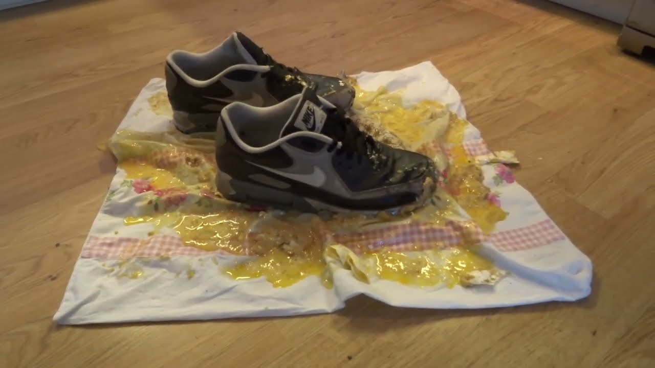 Well worn Nike Air Max 90 food stomp, trample eggs and piece of cake