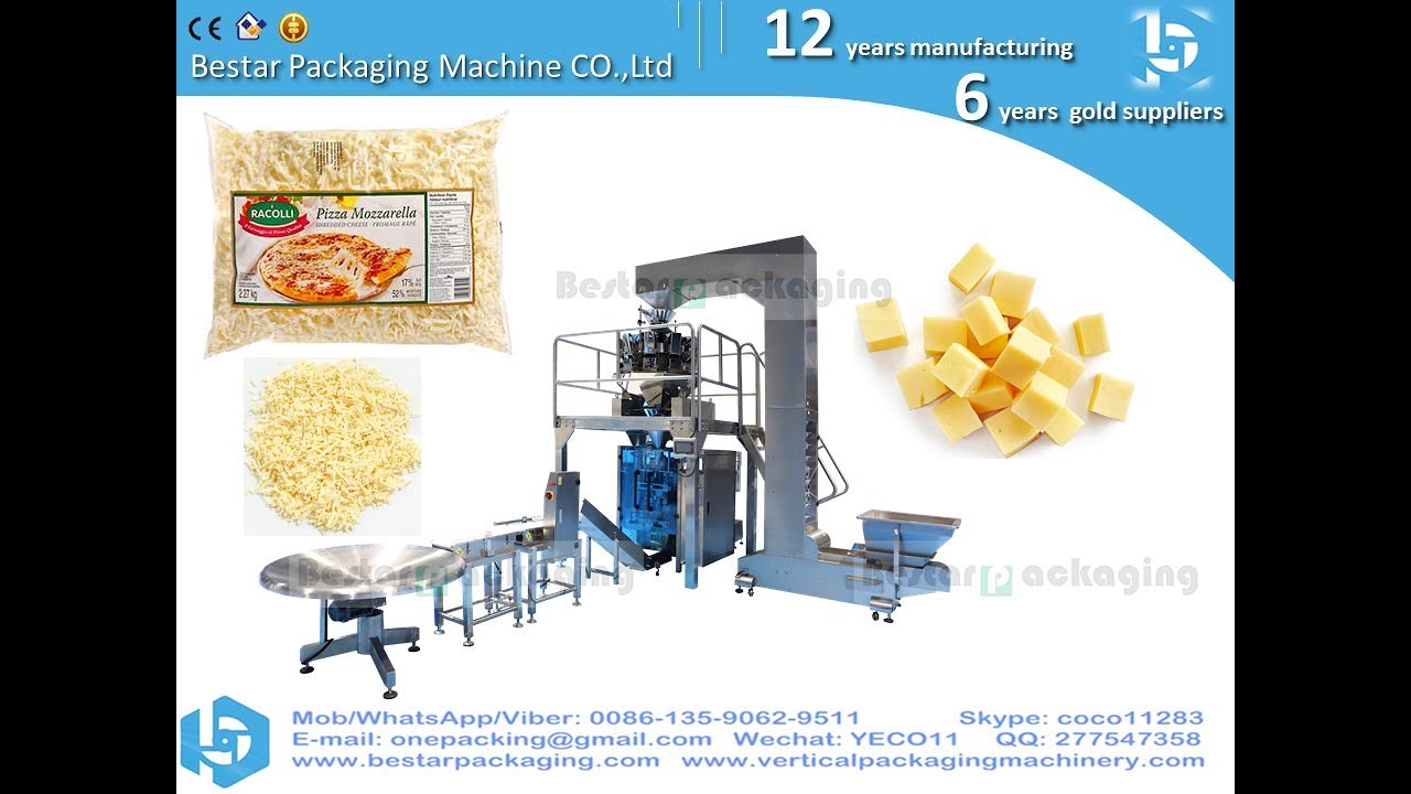 Shredded cheese and cheese cubes Bestar packaging in vertical machine VFFS  with Antistatic device .