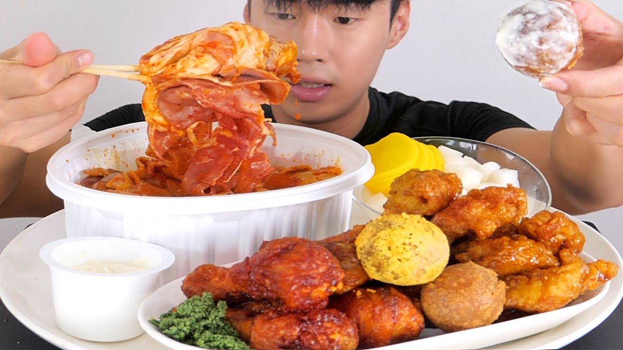 엽떡 초보맛 중국당면 , 베이컨 + 교촌 레드스틱 , 허니순살 + BHC 뿌링클 치즈볼 먹방 ASMR Tteok-bokki + chicken Mukbang Eating Show