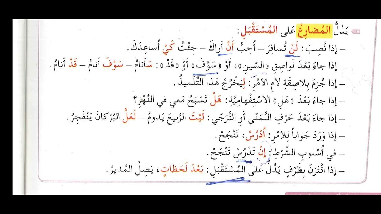 الدلالة الزمنية للفعل المضارع،الحاضر، المستقبل، الماضي، الاستمرار، بابەتێ زمانێ عەرەبیێ پولا دوازدێ