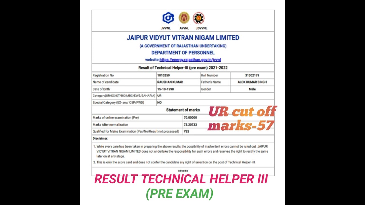 RESULT TECHNICAL HELPER III (PREE EXAM)/JVVNL PREE  EXAM RESULT