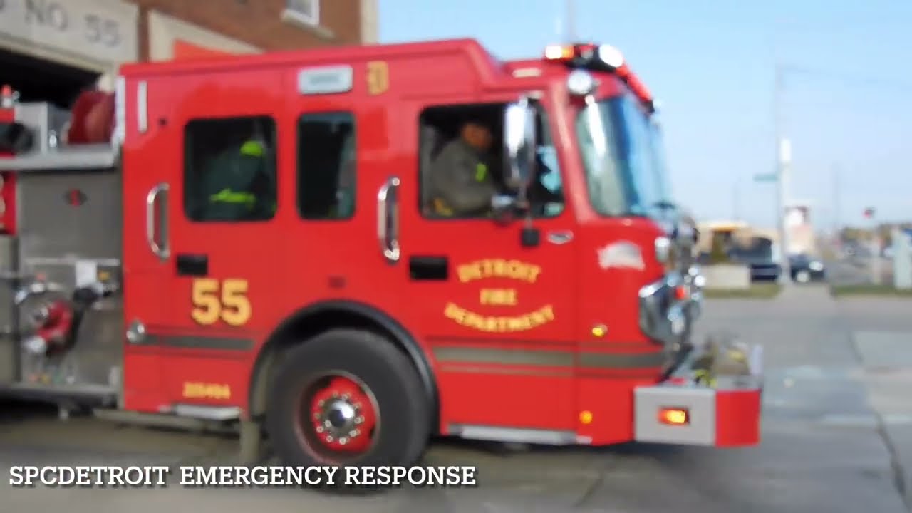 Detroit Fire Department Engine 55 responding PRIORITY 1 to a STILL ALARM (COMMERCIAL FIRE ALARM)