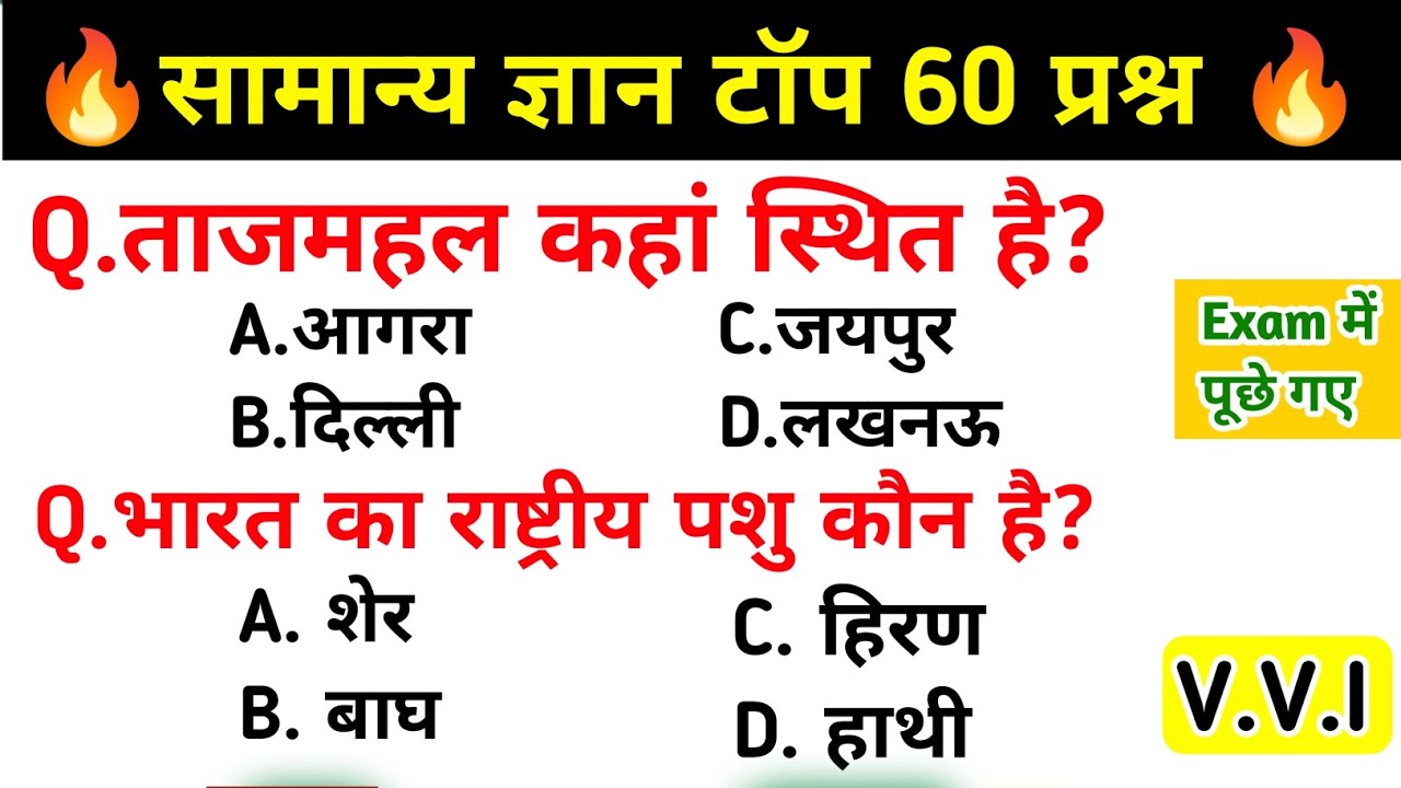 सामान्य ज्ञान | General Knowledge | Top 60 GK/GS Questions  | SSC GD, MTS, RPF, CRPF | GK Quiz Hindi