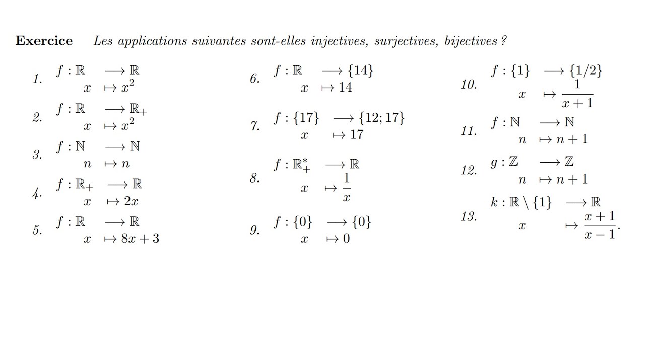 Applications injectives surjectives, exercices corrigés