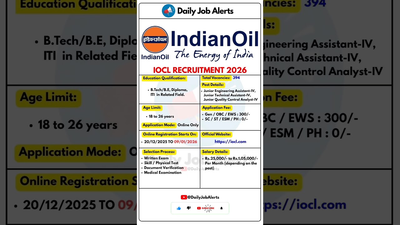 IOCL Recruitment 2026 | New Vacancy 2026 | Daily Job Alerts #shorts