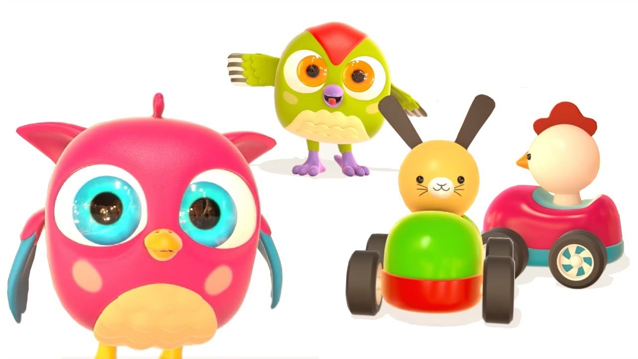 Cartoni animati con il gufetto Hophop per bambini.  Gufetto Hop Hop al parco giochi. Le macchinine