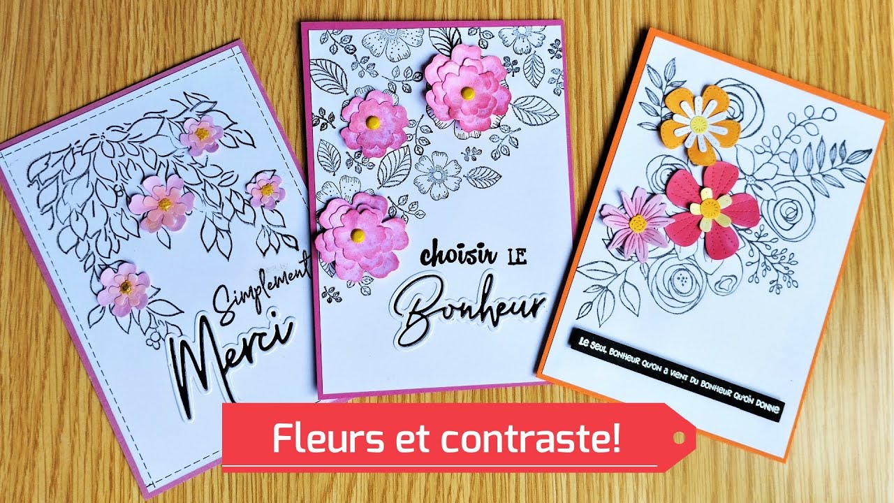 On s'amuse avec les fleurs et les contrastes ! Tuto carterie avec des tampons et dies fleurs ACTION