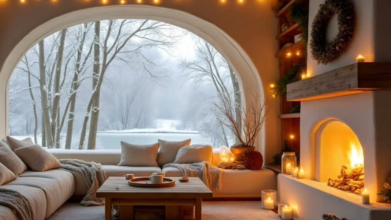 Winter Cabin Ambience with Crackling Fireplace & Snow Outside | Relaxing Snow Sounds for Sleep