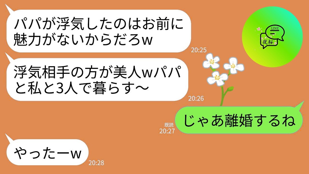 【LINE】私を見下す浮気夫と絶賛反抗期の娘。浮気に少しも悪びれずに…夫「デブBBAがヒスるなｗ」娘「浮気相手とパパ再婚してw」→私「じゃあ出てけや」→夫と娘を叩き出し永遠に無視した結果ｗ