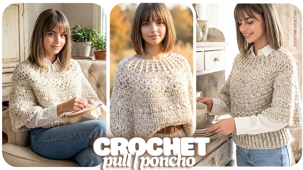 🌟🩷 PULL / PONCHO ELAYA AU CROCHET BOHÈME IRRESISTIBLE  & ORIGINALE✨🩷 TUTO TOP DOWN @MamieCrochet