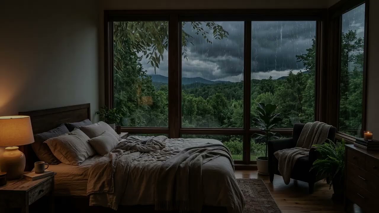 Steady Rain 🌧️ Flowing Outside A Warm Bedroom Window While Distant Pines 🌲 Sway Softly