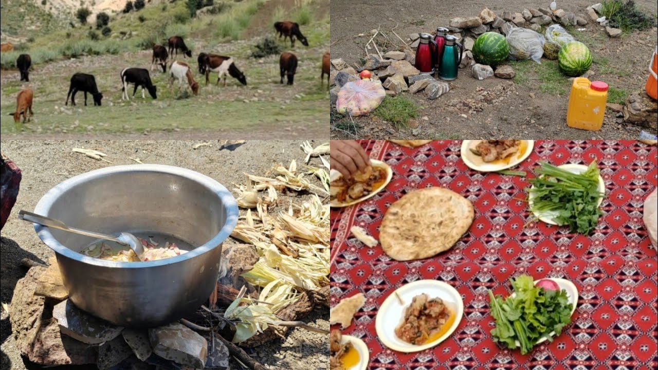 Family picnic in the beautiful mountains of Afghanistan. Relaxing by the river with delicious food 
