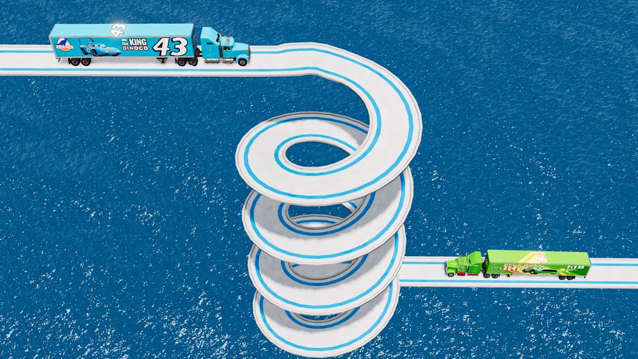 Mack truck vs Dinoco vs Impossible Spiral Bridge Truck Car Rescue - Cars vs Deep Water -BeamNG.drive