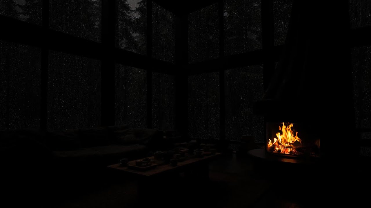 🌧️Peaceful Rainy Night in a Cozy Cabin🔥Fireplace Crackling & Soft Thunder for Sleep and Relaxation 🌙