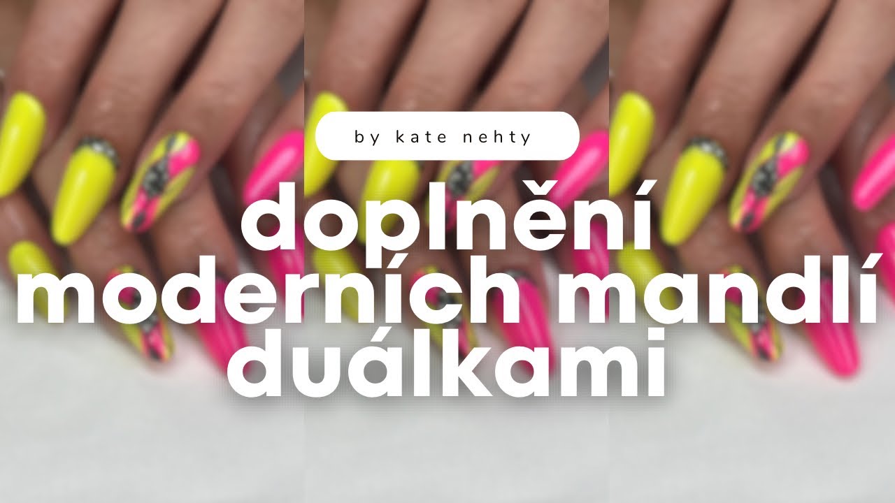 Doplňko duálkami s polygelem, moderní mandle, letní neonový design s kamínky |  Kate nehty