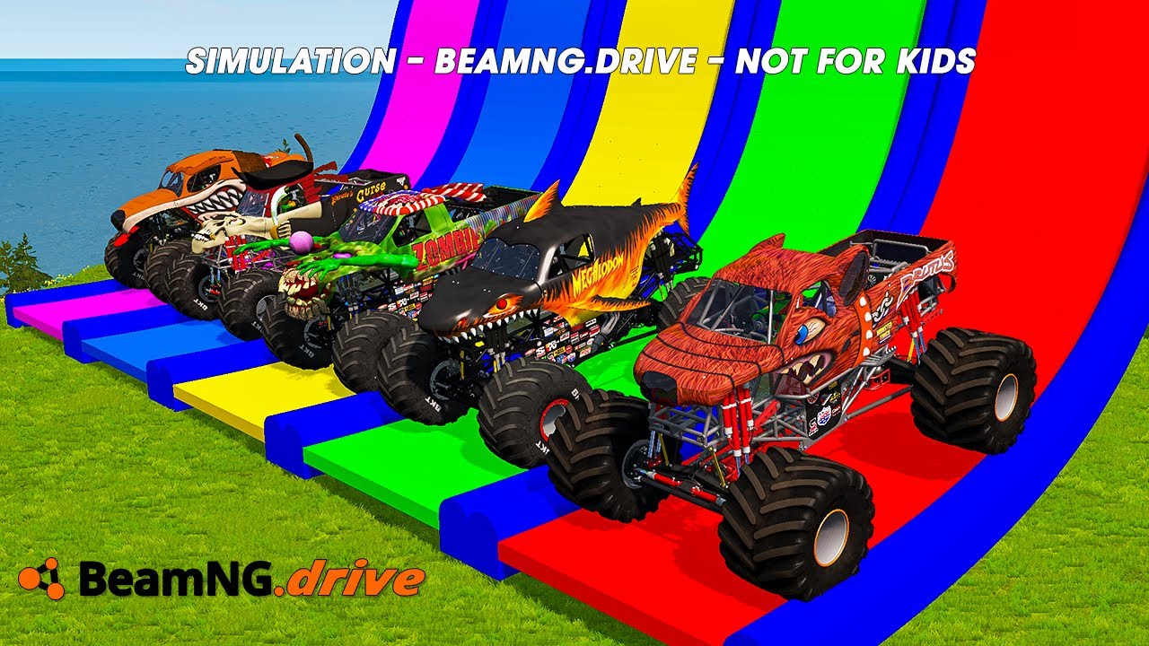 5 MONSTER TRUCKS vs GIANT COLOR WATER SLIDE #026 in BeamNG.Drive