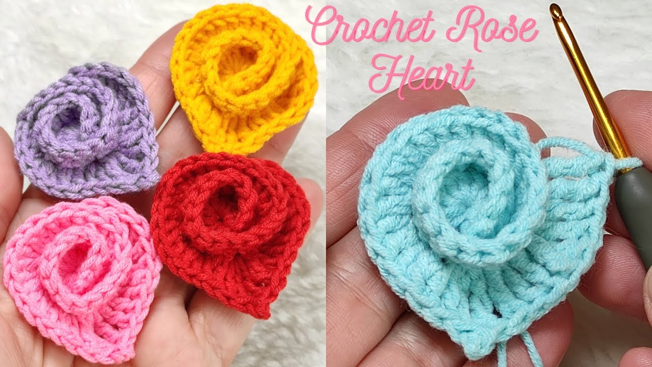 CROCHET ROSE HEART  ✔ HOW TO CROCHET A HEART APLIQUE ✔ CROCHET HEART PATTERN EASY ✔