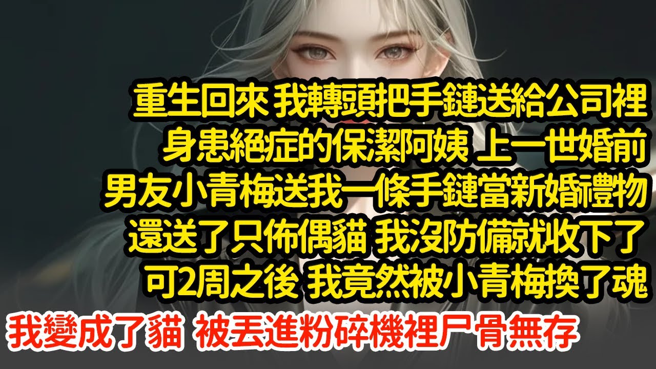 重生回來 我轉頭把手鏈送給身患絕症的保潔阿姨，上一世婚前男友小青梅送我一條手鏈當，我沒防備就收下了，可2周之後我竟然被小青梅換了魂，我變成了貓 被丟進粉碎機裡尸骨無存