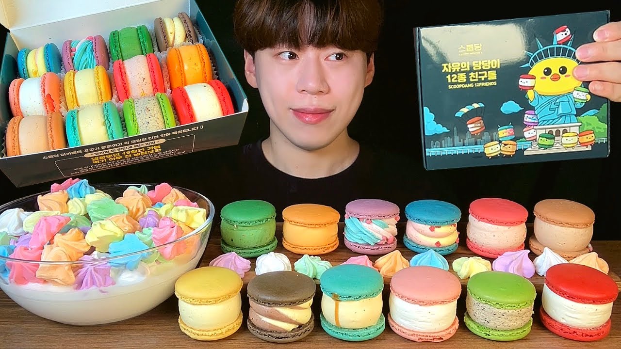 SUB) 🌈FAT MACARONS & MERINGUE COOKIE WITH MILK MUKBANG ASMR