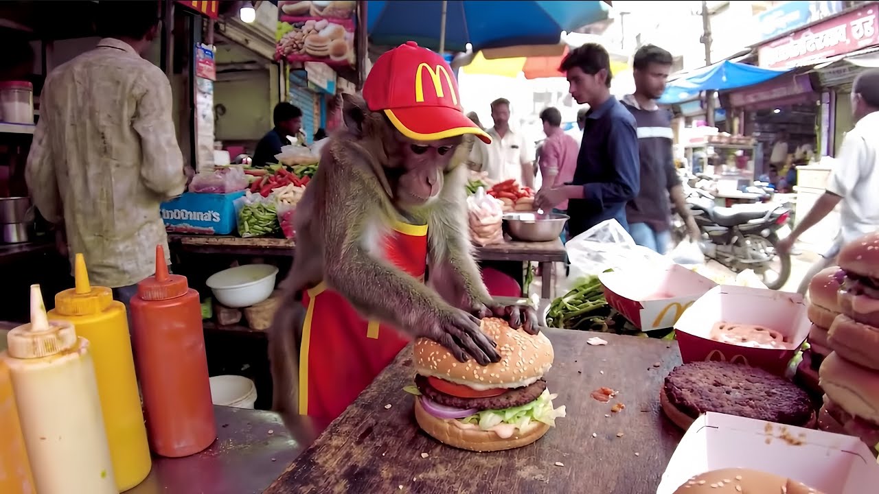Indian Monkey Chef Make Burger Set